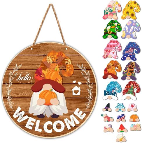 Interchangeable Welcome Sign for Front Door DIY Holiday Seasonal Gnome Wreath Wood Sign Decoration with Detachable Hats and Swappable Pieces Door Home Wall Decor (21 Pcs) in Kuwait