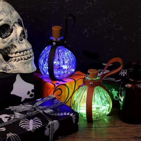 مجموعتان من زجاجة جرعة سحرية داكنة للهالوين، زجاجة جرعة من الفلين السحري الداكن، حامل زجاجي لجرعات المعالج مع سدادة من الفلين، زجاجة نبيذ كروية شفافة LED مع حزام جلدي وملصقات الهالوين in Kuwait
