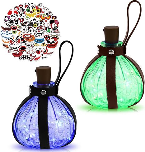 مجموعتان من زجاجة جرعة سحرية داكنة للهالوين، زجاجة جرعة من الفلين السحري الداكن، حامل زجاجي لجرعات المعالج مع سدادة من الفلين، زجاجة نبيذ كروية شفافة LED مع حزام جلدي وملصقات الهالوين in Kuwait