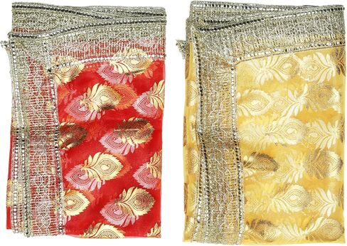 Set of 2 Chunari Decorative Artificial Silk Cloth Puja Chunni Chunar (Size:- 18 Inches x 14 Inches) Chunari Aasan Mat for Indian Traditional Cultural Statue Temple Festival Decoration (Red & Yellow) in Saudi Arabia