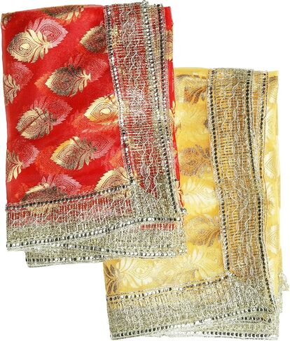 Set of 2 Chunari Decorative Artificial Silk Cloth Puja Chunni Chunar (Size:- 18 Inches x 14 Inches) Chunari Aasan Mat for Indian Traditional Cultural Statue Temple Festival Decoration (Red & Yellow) in Saudi Arabia