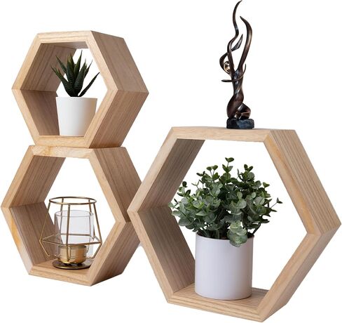 Hexagon Floating Shelves for Bedroom, Bathroom, Kitchen and Living Room Wall Decor & Storage, Set of 3, Wall Mounted Honeycomb Shelves - includes Wall Mounts & Screws in Saudi Arabia