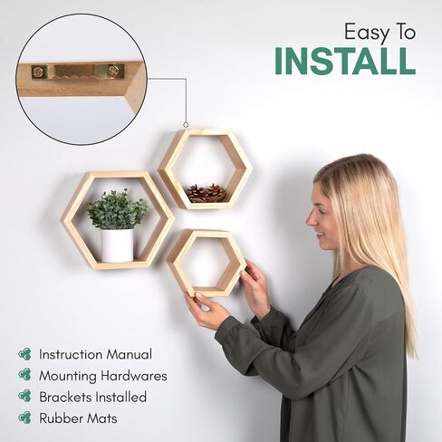 Hexagon Floating Shelves for Bedroom, Bathroom, Kitchen and Living Room Wall Decor & Storage, Set of 3, Wall Mounted Honeycomb Shelves - includes Wall Mounts & Screws in Saudi Arabia