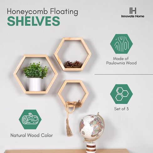 Hexagon Floating Shelves for Bedroom, Bathroom, Kitchen and Living Room Wall Decor & Storage, Set of 3, Wall Mounted Honeycomb Shelves - includes Wall Mounts & Screws in Saudi Arabia