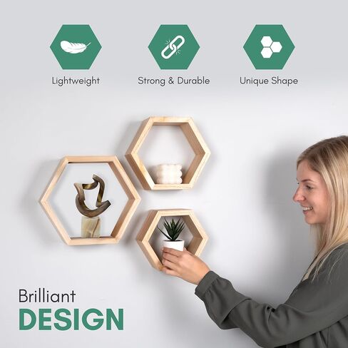 Hexagon Floating Shelves for Bedroom, Bathroom, Kitchen and Living Room Wall Decor & Storage, Set of 3, Wall Mounted Honeycomb Shelves - includes Wall Mounts & Screws in Saudi Arabia