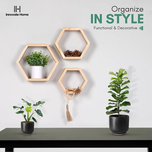 Hexagon Floating Shelves for Bedroom, Bathroom, Kitchen and Living Room Wall Decor & Storage, Set of 3, Wall Mounted Honeycomb Shelves - includes Wall Mounts & Screws in Saudi Arabia