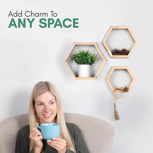 Hexagon Floating Shelves for Bedroom, Bathroom, Kitchen and Living Room Wall Decor & Storage, Set of 3, Wall Mounted Honeycomb Shelves - includes Wall Mounts & Screws in Saudi Arabia