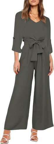 FANCYINN Womens 2 Piece Outfit Set V Neck Long Sleeves Tops High Waisted Paper Bag Pants with Belt in Saudi Arabia