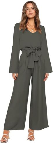 FANCYINN Womens 2 Piece Outfit Set V Neck Long Sleeves Tops High Waisted Paper Bag Pants with Belt in Saudi Arabia
