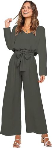 FANCYINN Womens 2 Piece Outfit Set V Neck Long Sleeves Tops High Waisted Paper Bag Pants with Belt in Saudi Arabia