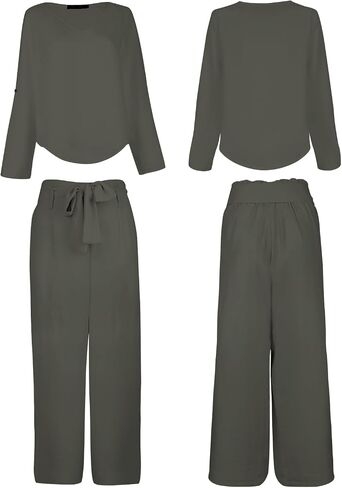 FANCYINN Womens 2 Piece Outfit Set V Neck Long Sleeves Tops High Waisted Paper Bag Pants with Belt in Saudi Arabia