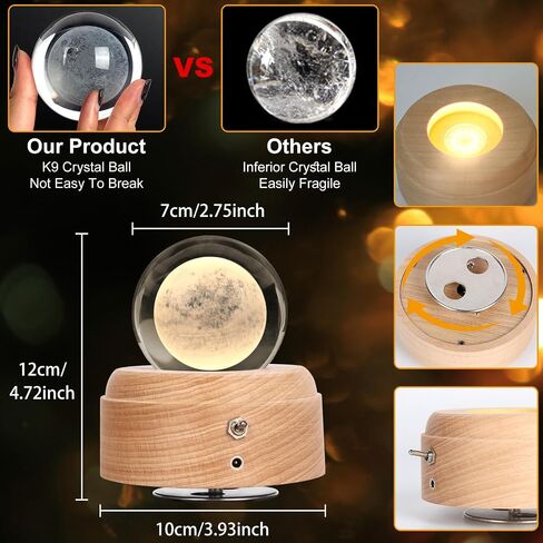 qulable 3D الكريستال الكرة الموسيقى مربع نمط القمر مع LED الإسقاط مضيئة الدورية ضوء صندوق موسيقي مع قاعدة خشبية، هدايا للنساء أمي الفتيات عيد الميلاد عيد ميلاد عيد الحب in Kuwait