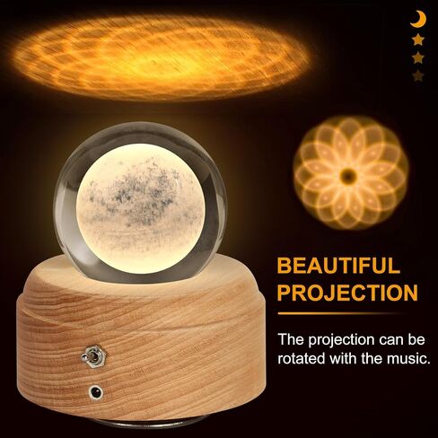 qulable 3D الكريستال الكرة الموسيقى مربع نمط القمر مع LED الإسقاط مضيئة الدورية ضوء صندوق موسيقي مع قاعدة خشبية، هدايا للنساء أمي الفتيات عيد الميلاد عيد ميلاد عيد الحب in Kuwait