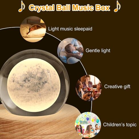 qulable 3D الكريستال الكرة الموسيقى مربع نمط القمر مع LED الإسقاط مضيئة الدورية ضوء صندوق موسيقي مع قاعدة خشبية، هدايا للنساء أمي الفتيات عيد الميلاد عيد ميلاد عيد الحب in Kuwait