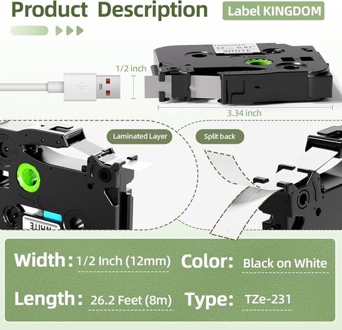 شريط ملصقات من Label KINGDOM مكون من 10 عبوات متوافق مع Brother P Touch TZe231 TZ-231، عبوات شريط ملصقات Tze Tz مغلفة 12 مم 0.47 بوصة لصانع ملصقات Brother PTouch PT-D210 PTD220 أسود على أبيض in Kuwait