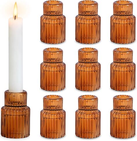Romadedi Glass Candle Holder for Candlestick - Amber Taper Candle Holders for Candle Sticks Wedding Table Centerpiece Decor Fall Party Thanksgiving Christmas Dinner Advent Home Decoration, Set of 2 in Kuwait