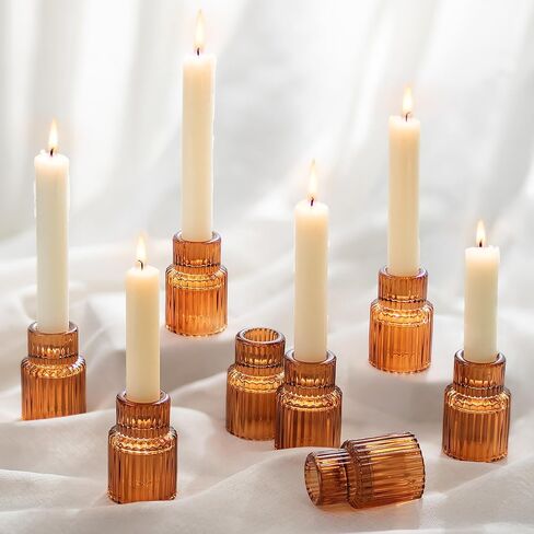 Romadedi Glass Candle Holder for Candlestick - Amber Taper Candle Holders for Candle Sticks Wedding Table Centerpiece Decor Fall Party Thanksgiving Christmas Dinner Advent Home Decoration, Set of 2 in Kuwait