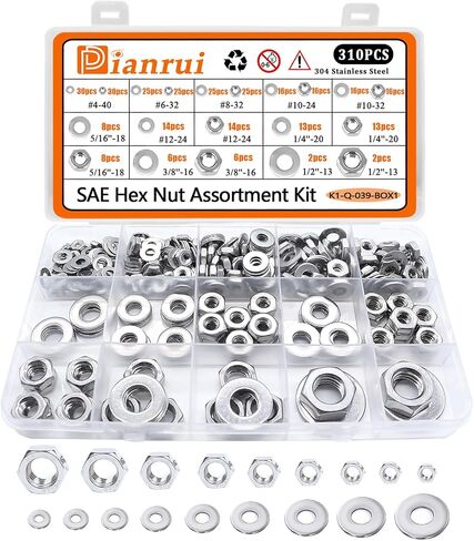 Dianrui 310PCS SEA Hex Nuts Assortment Kit with Flat Washers, 10 Size Hexnut and Flat Washer Set Hardware Hex nut #4-40,#6-32,#8-32,#10-24,#10-32,#12-24,1/4''-20,5/16''-18, 3/8''-16,1/2''-13 in Saudi Arabia