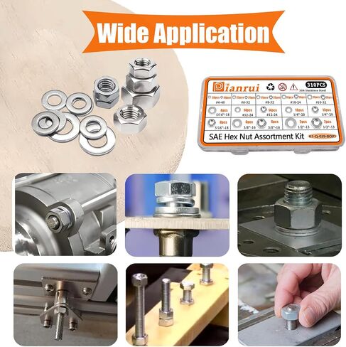 Dianrui 310PCS SEA Hex Nuts Assortment Kit with Flat Washers, 10 Size Hexnut and Flat Washer Set Hardware Hex nut #4-40,#6-32,#8-32,#10-24,#10-32,#12-24,1/4''-20,5/16''-18, 3/8''-16,1/2''-13 in Saudi Arabia