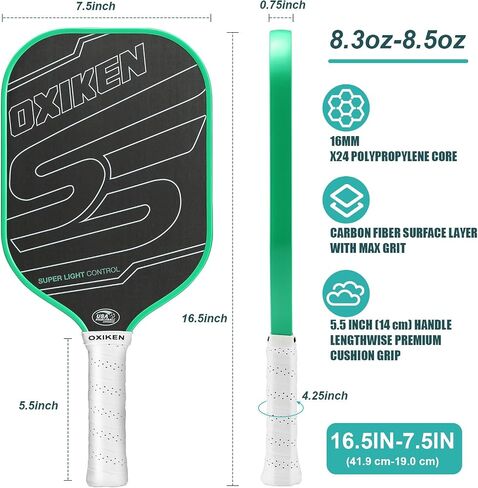 OXIKEN 16 mm Pickleball Paddles USAPA Approved T700 Carbon Fiber Surface (CFS) 8.3oz Pickle Paddle, Thermoformed High Grit & Spin, 5.5" Elongated Handle, Anti Slip Sweat Absorbing Grip with Cover Case in Saudi Arabia