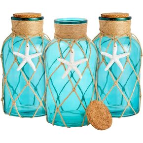 3 Pack Blue Glass Vase with Cork Lid, Rope and Starfish Accent, Beach Home Decor (4 x 8 in)