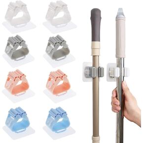 LZYMSZ 8 قطع حامل مكنسة الممسحة، رف تخزين مثبت على الحائط وقابل لإعادة الاستخدام ذاتي اللصق، 4 ألوان بدون حامل مكنسة الحفر للمطبخ والحمام والحديقة وباب الغسيل وخزانة الملابس والمرآب والمرحاض in Kuwait