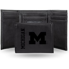 NCAA Michigan Wolverines Men’s Tri Fold Black Wallet- Premium 10 Pocket Laser-Engraved Team Logo on Vegan Leather- Minimalist Design, Flip ID Window, Credit Card Holder- Ideal Men’s Gift