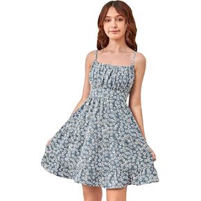 SweatyRocks Girl's Spaghetti Strap Ruched Cami Dress Floral Print Ruffle Flared Mini Dresses Dusty Blue 14 Years