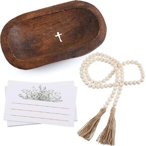Kathfly Prayer Dough Bowl Wood Decorative Bowl with Cross and Cards Christian Gifts 58 Inch Wooden Rustic Prayer Bread Bowls Religious Spiritual Gifts for Blessing Farmhouse Entryway
