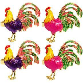 Luxshiny Enamel Chicken Napkin Rings, 4PCS Metal Rooster Napkin Holder Buckles Animal Serviette Towel Rings for Easter Party Table Settings Wedding Dinner Party