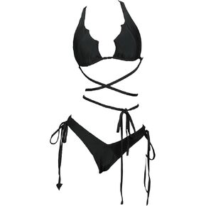 MEOWCOS Gothic Bat Style Black Two-Piece Swimsuit Halter Lace-up Top and Low Waist Triangle Bottom Bathing Suit