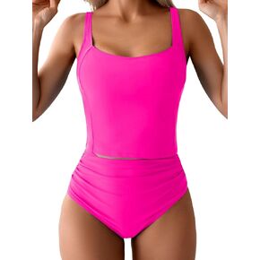 بدلة سباحة تانكيني للنساء برقبة على شكل حرف U للتحكم في البطن مكونة من قطعتين، ملابس سباحة مكشكشة علوية مع جزء سفلي in Kuwait