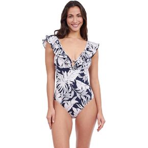 Profile by Gottex Malaya Women’s Tropical Print One Piece Bathing Swimsuit with Ruffle Deep Plunge V-Neck - Swim Essential