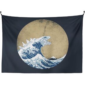 SPANKER SPACE Cool Asian Navy Blue Japanese Anime Kraken Monster Funny Dinosaur Hokusai The Great Waves Fabric Tapestry 48 x 60 inches Wall Hangings for Home Dorm Wall Art Decor