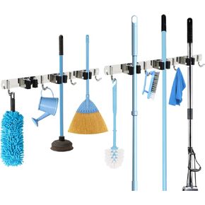 2 Pack Mop And Broom Holder Wall Mount, Stainless Steel Broom Broom Holder Wall Mount Adhesive, Heavy Duty Storage Rack Wall Mounted for Kitchen Garden Laundry (Silver, 3 Racks 4 Hooks)
