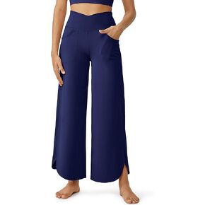 G4Free Wide Leg Pants for Women Loose Yoga Capri Pants Cross High Waist Dance Palazzo Casual Pants with Pockets