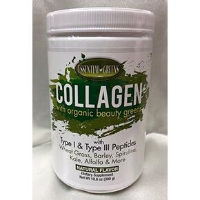 Collagen with Organic Beauty Greens with Type I & Type III Peptides. Natural Flavors. Dietary Supplement. Wheat Grass, Barley, Spiraling, Kale, Alfalfa & More. 10.6 oz
