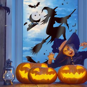 Halloween Window Cling Sticker Halloween Decorations Indoor, Large Witches with Bats Wall Stickers for Halloween Home Decoration Glass Window Decals