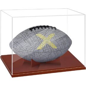 12 Inch Football Display Case Wooden Base Stand Full Size, UV Protected Memorabilia Holder, Acrylic Clear Box for Football Fans Collectors, Sports Collectibles, No Assembly Required