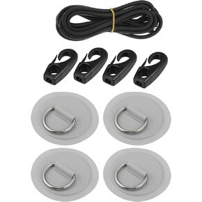 X AUTOHAUX 4pcs 8cm D Ring Patch PVC Stainless Steel Round Shape D Ring Pad Set for Inflatable Boat Kayak Canoe Deck with 2.5m Rope Hooks