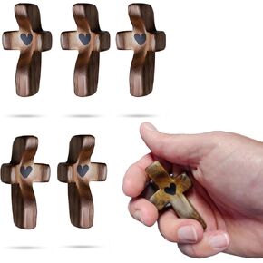10pcs Cross My Heart Encouragement Gift Wooden Pocket Cross Handheld Wood Small Cross Fingertip Stress Relief Religious Gifts for Children Adults Praying, Clutching, Clinging （Walnut）