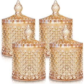 Aoriher 4 Pcs Crystal Glass Candy Jar with Lid Home Decorative Jar Glass Storage Bathroom Jars Jewelry Box Canister Jar for Cotton Swab Glass Jar for Kitchen Bathroom Pantry (Amber,Large)