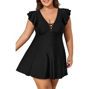 Smismivo Plus Size Swim Dress for Women One Piece Swimdress Ruffle Sleeves Bathing Suit Built in Shorts in Kuwait