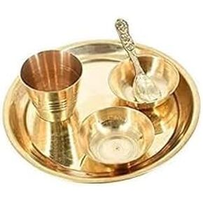 Laddu Gopal Ji Thali kanha ji Thakur ji Brass Pooja Bhog Thali Set- 5 Pcs Plate, Glass,2 Bowl and Spoon Size: 5.5 Inch
