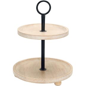 2 Tier Wooden Tray with Handle, Round Decorative 2 Tiered Serving Tray Display Stand Organizer, Rustic Farmhouse Kitchen Counter Table Decor for Home Party Holiday Seasonal Decoration