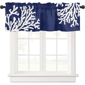 Navy Blue Coral Farmhouse Short Window Curtain Valances, Coastal Summer Beach Nautical Seaside Rod Pocket Kitchen Valances for Living Room Bedroom Bathroom Cafe, 1 Panel - 54" x 18"