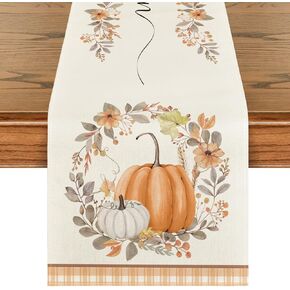Artoid Mode Orange Pumpkin Wreath Floral Buffalo Plaid Fall Table Runner, Seasonal Fall Kitchen Dining Table Decoration for Home Party Decor 13x72 Inch