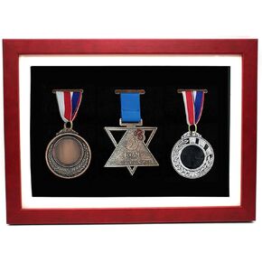 Medal Display Shadow Box, Medal Display Frame, 3 Medals Display Case, Perfect Medal Display for War Military, Runners, Marathon, RECE Winner, Football, Gymnastics & All Sports (Red Wood, 13x9.5'')