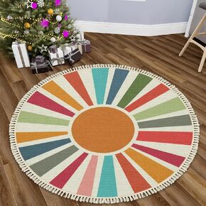 Round Boho Nursery Rug 4 ft Retro Sun Ray Small Circle Rug Non-Slip Carpet Cute Colorful Rainbow Rug Washable Floor Mat for Kids Room Bedroom Dorm Preschool Classroom Playroom Bathroom