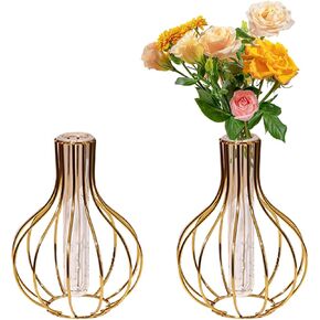 2 Pcs Gold Frame Vase with Glass Test Tubes Modern Bud Vase Geometric Art Vase Gold Glass Vase Centerpieces Gold vases for Flowers Wedding Home Office Centerpiece（6.3inch）